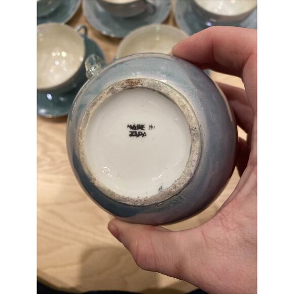 Lusterware Tea Set For 5 - Teapot, Sugar, Creamer, Cups & Saucers Japan Aqua - Picture 8 of 16